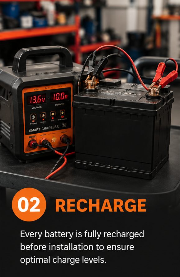 Step 2 — Recharge: every battery is fully recharged before installation to ensure optimal charge levels.