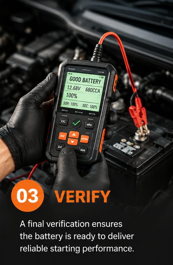 Step 3 — Verify: a final verification ensures the battery is ready to deliver reliable starting performance.